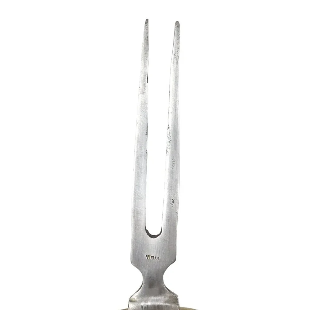 Vintage Carving Knife Fork Set Carved Wood Sheath Brass Engraved India